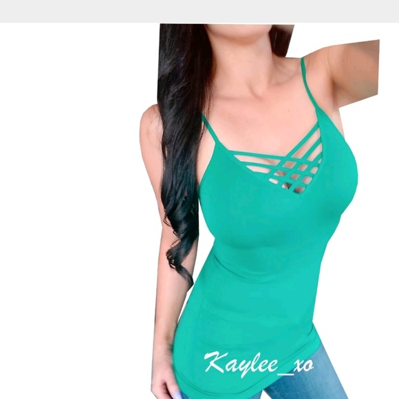 Green vneck caged criss cross summer sexy tank top - Picture 1 of 1